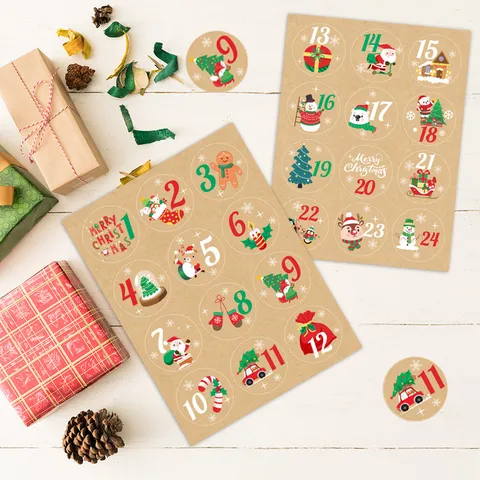 Pegatinas Calendario Adviento Navidad Dibujos Animados Papá Noel Números Cuenta Regresiva para DIY Regalo Fiesta Pegatinas Papel Kraft