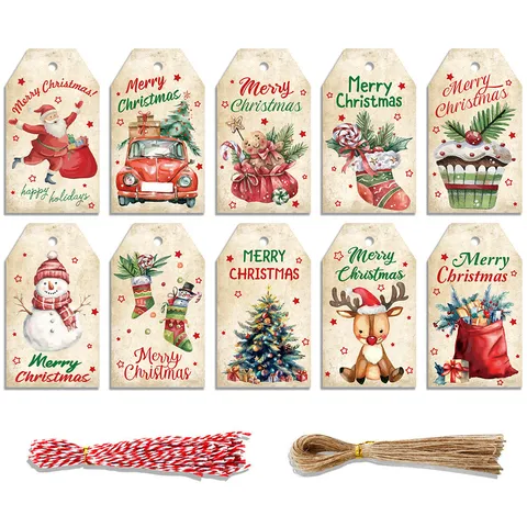 Cartellini Regalo di Natale in Carta Kraft Vintage Con Corde Babbo Natale Pupazzo di Neve Renna Stampati Decorazioni Natalizie Etichette