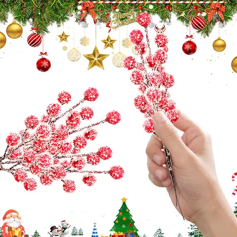 10Pcs Artificial Frosted Red Berry Stems With Snow Christmas Berries For Holiday Home Decor Wedding Party Vase Fillers