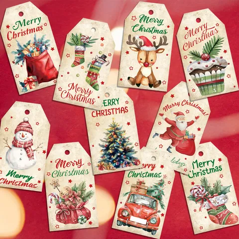 Cartellini Regalo di Natale in Carta Kraft Vintage Con Corde Babbo Natale Pupazzo di Neve Renna Stampati Decorazioni Natalizie Etichette