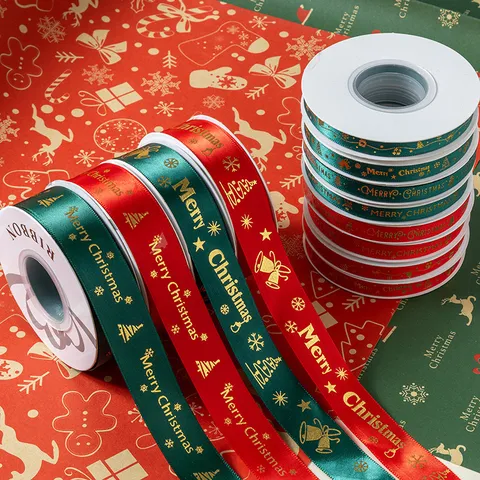 Cinta Estampada en Papel de Oro Navideño Merry Christmas Árbol Copo de Nieve Satén Poliéster para Envolver Regalos DIY