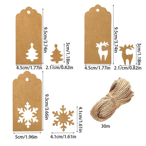 100 Piezas Etiquetas de Regalo de Navidad de Papel Kraft Huecas Set Alce Árbol de Navidad Copo de Nieve Decoración de Fiesta Con Cuerda de Yute