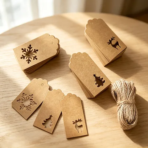 100 Piezas Etiquetas de Regalo de Navidad de Papel Kraft Huecas Set Alce Árbol de Navidad Copo de Nieve Decoración de Fiesta Con Cuerda de Yute