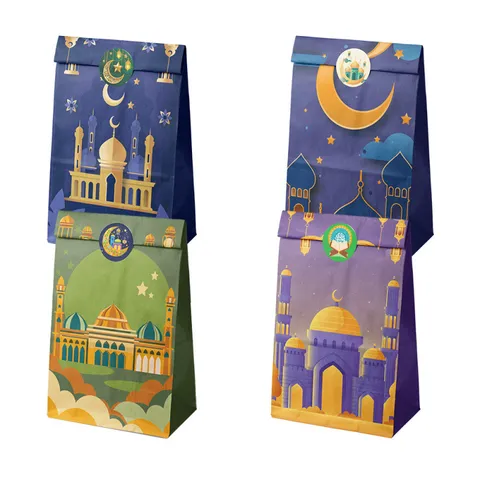 12 Stücke Ramadan Eid Mubarak Geschenktüten Aus Papier Mit Aufklebern Mond Moschee Burg Muster Süßigkeitentüten Für Partyzubehör