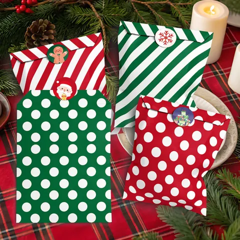 24 Pièces Sacs Cadeaux de Noël en Papier Kraft Pois Rouges Verts Rayures Avec Autocollants pour Cadeaux de Fête et Emballage de Friandises