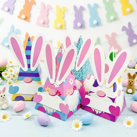 Caja de Regalo Triangular de Gnomo de Pascua Con Orejas de Conejo Embalaje de Caramelos de Cartulina de Colores Para Fiesta