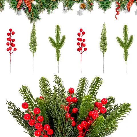 Artificial Pine Needle Branches Red Berries Greenery For Christmas Tree DIY Wreath Decoration Winter Floral Stems Home Party Decor