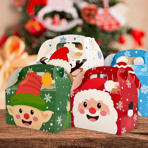 12 Pieces Christmas Portable Square Paper Gift Box Set Santa Claus Reindeer Snowman Pattern For Candy Cookie Dessert Christmas Party Favor Supplies