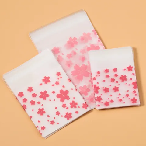 Pink Cherry Blossom Frosted Translucent Self-Adhesive Bags For Baking Cookies Candy Small Jewelry Gift Packing