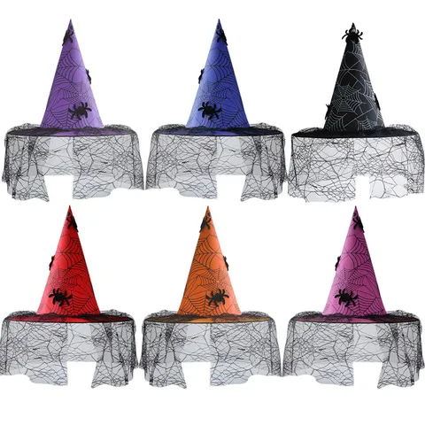 Halloween Hexenhut Mit Netzschleier Spinnennetz-Druck Und 3D-Spinnen Gothisch Party Kostüm Zubehör Für Damen