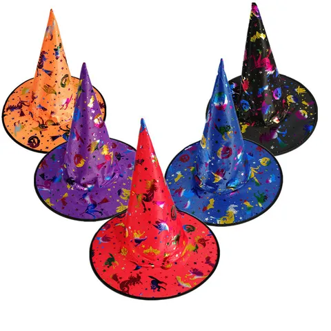 Halloween Hexenhut Bronzieren Muster Zauberhut Für Damen Kinder Maskerade Party Kostüm Zubehör Kürbis Fledermaus Druck Polyester Hut