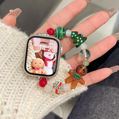 Festliches Weihnachtsperlen Armband Kompatibel Mit Apple Watch Serie Lebkuchenmann Baum Charms Handgefertigtes Uhrenarmband