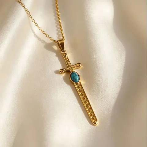 Edelstahl Schwert Anhänger Halskette Türkis Eingelegt Gold Kette Vintage Stil Schmuck Für Herren Und Damen