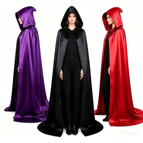 Langer Kapuzenumhang Aus Satin Für Halloween Anime Cosplay Unisex Schnürung Dünner Performance Party Cape Schwarz Rot Lila