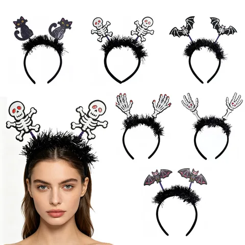 Halloween Headband Party Decoration Skeleton Spider Bat Cat Tinsel Hair Hoop Creative Costume Accessory Festive Headwear