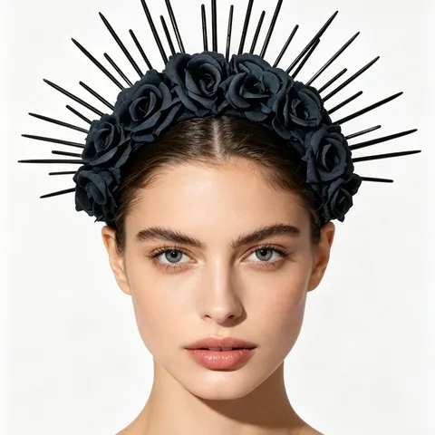Gothic Halo Crown Headband With Rose Flowers Spikes For Halloween Cosplay Carnival Party Hair Accessories Halo Crown