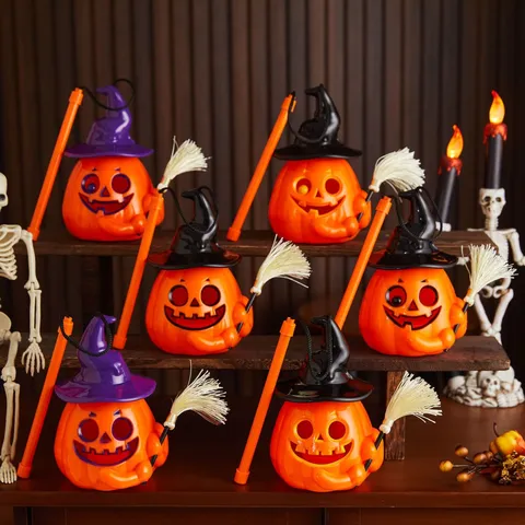 Leuchtende Halloween Kürbislaterne Mit Zaubererhut Und Besen Tragbarer Kürbis-Eimer Für Kinder Party Dekoration Requisite