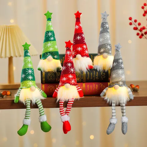 Leuchtende Weihnachtsgnom Ornamente Mit LED Licht Polyester Strick Schneeflocke Stern Muster Langbeinig Sitzende Figur Home Dekor