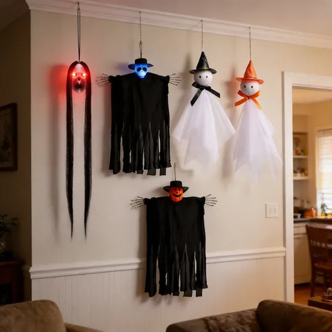 Halloween Hängender Geist Dekoration LED Licht Gruseliger Kürbis Skelett Hexenhut Gaze Spukhaus Requisiten Ornament