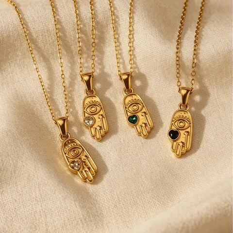 Vintage Edelstahl Hamsa Hand Böses Auge Anhänger Halskette Vergoldet Strass Schlüsselbein Kette Schmuck Für Damen