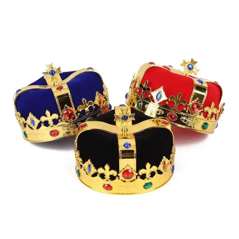 Royal Gold King Crown For Kids Halloween Party Costume Plastic Emperor Crown With Rhinestone Cross Decoration Performance Props Birthday Hat
