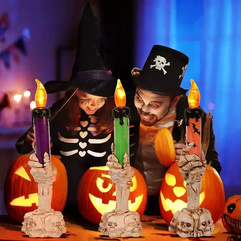 Halloween LED Kerzenlicht Geisterhand Skelett Totenkopf Basis Flammenlose Elektronische Kerzenlampe Für Bar Party Deko Requisiten