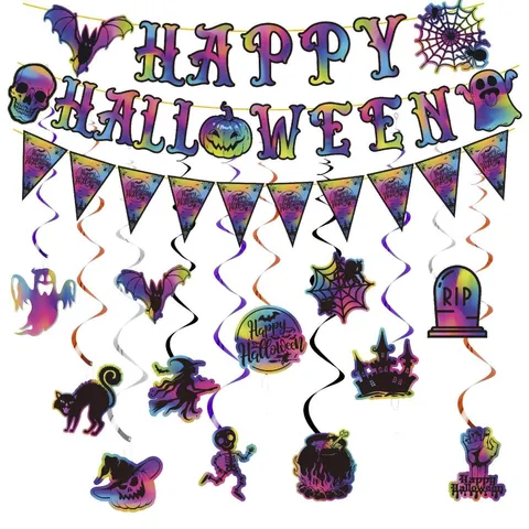 Iridescent Halloween Banner Hanging Decorations Laser Rainbow Pumpkin Bat Ghost Skull Triangle Flag Spiral Swirls Party Decor