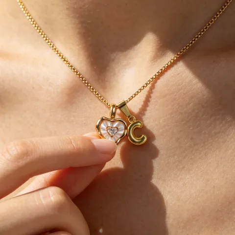 Edelstahl Perlmutt Herz Buchstabe Anhänger Halskette Vergoldet Zart Initiale Schmuck Geschenk für Damen