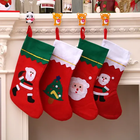 Large Christmas Stocking Decoration Non-woven Fabric Red Applique Xmas Gift Bag Santa Snowman Tree Hanging Ornament Home Decor