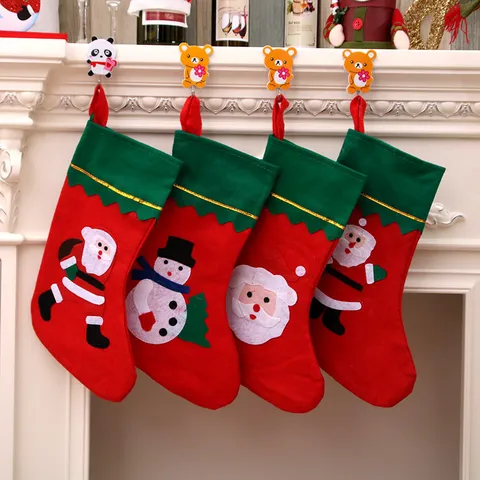 Large Christmas Stocking Decoration Non-woven Fabric Red Applique Xmas Gift Bag Santa Snowman Tree Hanging Ornament Home Decor