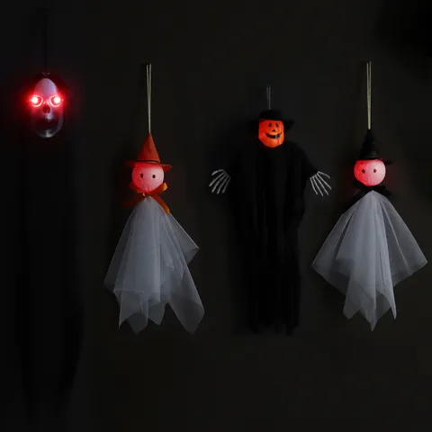 Halloween Hängender Geist Dekoration LED Licht Gruseliger Kürbis Skelett Hexenhut Gaze Spukhaus Requisiten Ornament