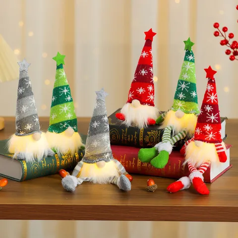 Leuchtende Weihnachtsgnom Ornamente Mit LED Licht Polyester Strick Schneeflocke Stern Muster Langbeinig Sitzende Figur Home Dekor