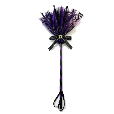 Halloween Witch Broom Magic Wand Polyester Mesh Bat Spider Web Pattern Bow Decor Cosplay Prop For Kids Women Costume Party