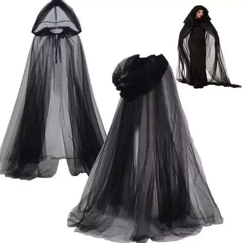 Halloween Black Hooded Mesh Cloak For Women Men Double Layer Witch Death Ghost Role Play Long Cape Costume Accessory
