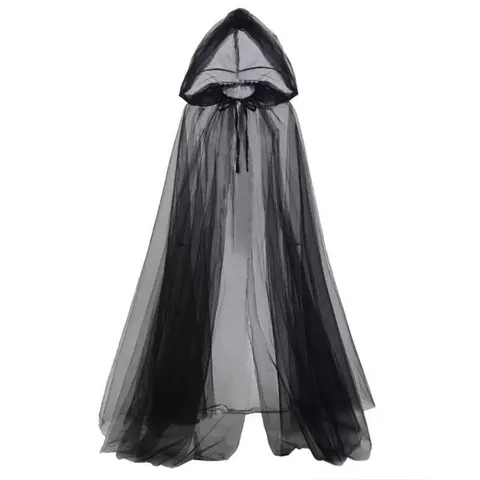 Halloween Black Hooded Mesh Cloak For Women Men Double Layer Witch Death Ghost Role Play Long Cape Costume Accessory