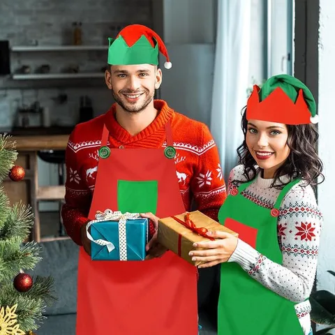 Christmas Elf Apron And Hat Red Green Contrast Color Festive Kitchen Decoration Party Costume Accessory Cooking Holiday