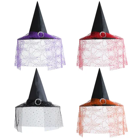 Halloween Witch Hat Oxford Cloth Mesh Spider Web Pattern Costume Accessory For Masquerade Role Play Party Decor