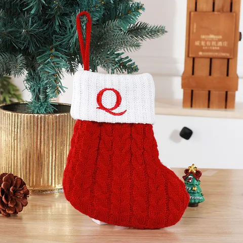 Red White Knit Christmas Stockings Personalized Letter A-Z Embroidery Hanging Stocking Ornament For Xmas Tree Holiday Decor