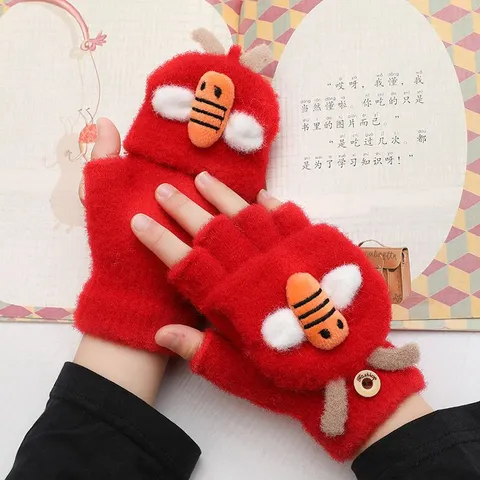 Guanti Lavorati a Maglia a Forma di Ape Carini Inverno Caldi Ispessiti Mezzo Dito Copertura a Scomparsa Per Bambini Moffole di Lana