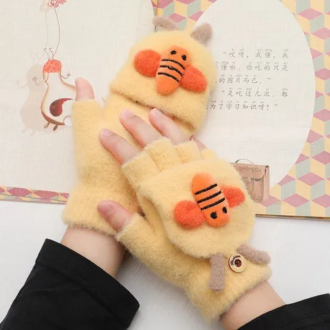 Guanti Lavorati a Maglia a Forma di Ape Carini Inverno Caldi Ispessiti Mezzo Dito Copertura a Scomparsa Per Bambini Moffole di Lana