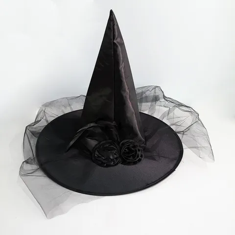 Halloween Witch Hat For Women Children Rose Mesh Decoration Satin Pointed Hat For Party Cosplay Masquerade Costume Accessory