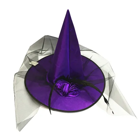 Halloween Witch Hat For Women Children Rose Mesh Decoration Satin Pointed Hat For Party Cosplay Masquerade Costume Accessory