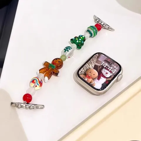 Festliches Weihnachtsperlen Armband Kompatibel Mit Apple Watch Serie Lebkuchenmann Baum Charms Handgefertigtes Uhrenarmband