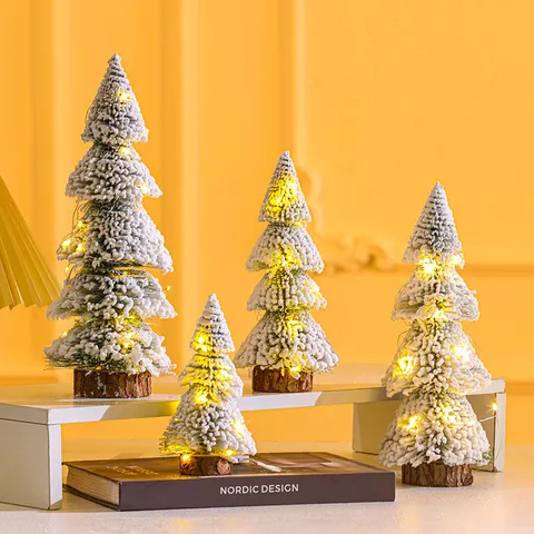 Tower Shape Flocked Cedar Christmas Tree Tabletop Decoration With Wooden Base Mini Frosted Pine Tree For Festive Holiday Ornament