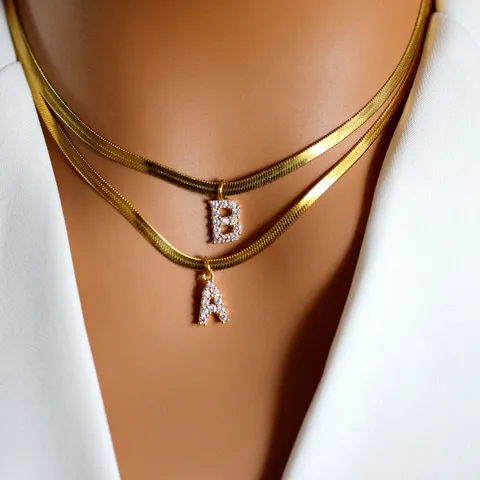 Minimalistisch Edelstahl Flachschlangenkette Halskette Mit Strass Buchstaben Anhänger Gold Modeschmuck Für Damen