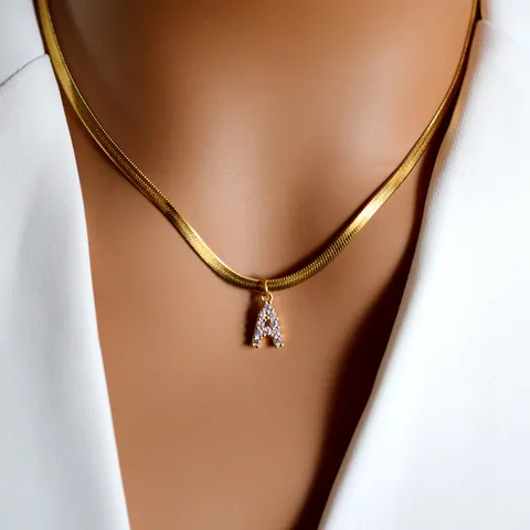 Minimalistisch Edelstahl Flachschlangenkette Halskette Mit Strass Buchstaben Anhänger Gold Modeschmuck Für Damen