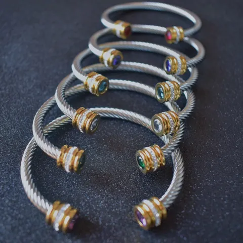 Edelstahl Gedesrehtes Seil Offener Armreif Geburtsstein Strass Doppelkopf Design Modeschmuck Geschenk Für Damen