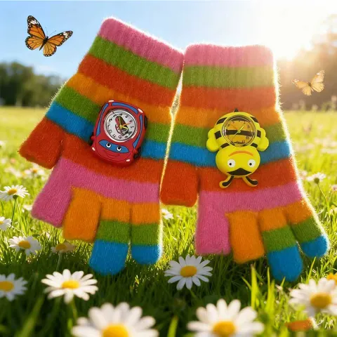 Guanti a Maglia Caldi Invernali per Bambini Simpatico Design Orologio Cartoon Misto Cashmere Moffole Spesse per Tempo Freddo
