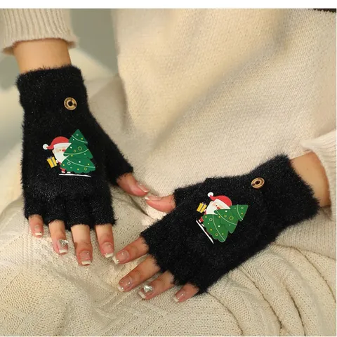 Guanti Senza Dita Caldi in Peluche con Cartoni Animati di Natale per Donne Guanti Termici Invernali a Mezzo Dito per Scrivere