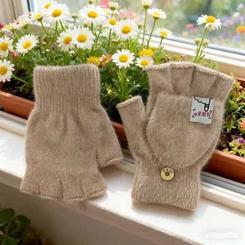 Guanti Caldi a Mezza Dito Lavorati a Maglia Spessi Invernali Donna Uomo Simpatico Bottone Guanti Senza Dita Convertibili